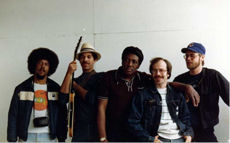 Chicago Blues Giants European Tour, France, July, 1982; Merle perkins, Melvin Taylor, Eddie Shaw, Harlan Terson, Ken Saydak.