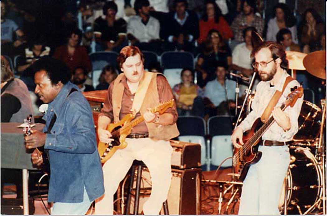 Lonnie Brooks Blues Band at Mill Run Theatre, 1981; Ken Saydak (far left) Lonnie Brooks, Bob Levis, Harlan Terson.